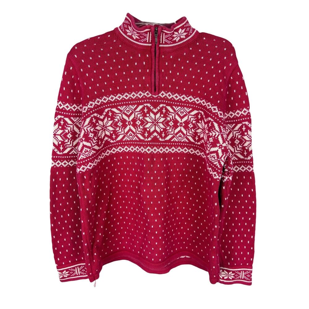 Lands End Vintage Red Long Sleeve Quarter Zip Fair Isle Nordic Sweater L